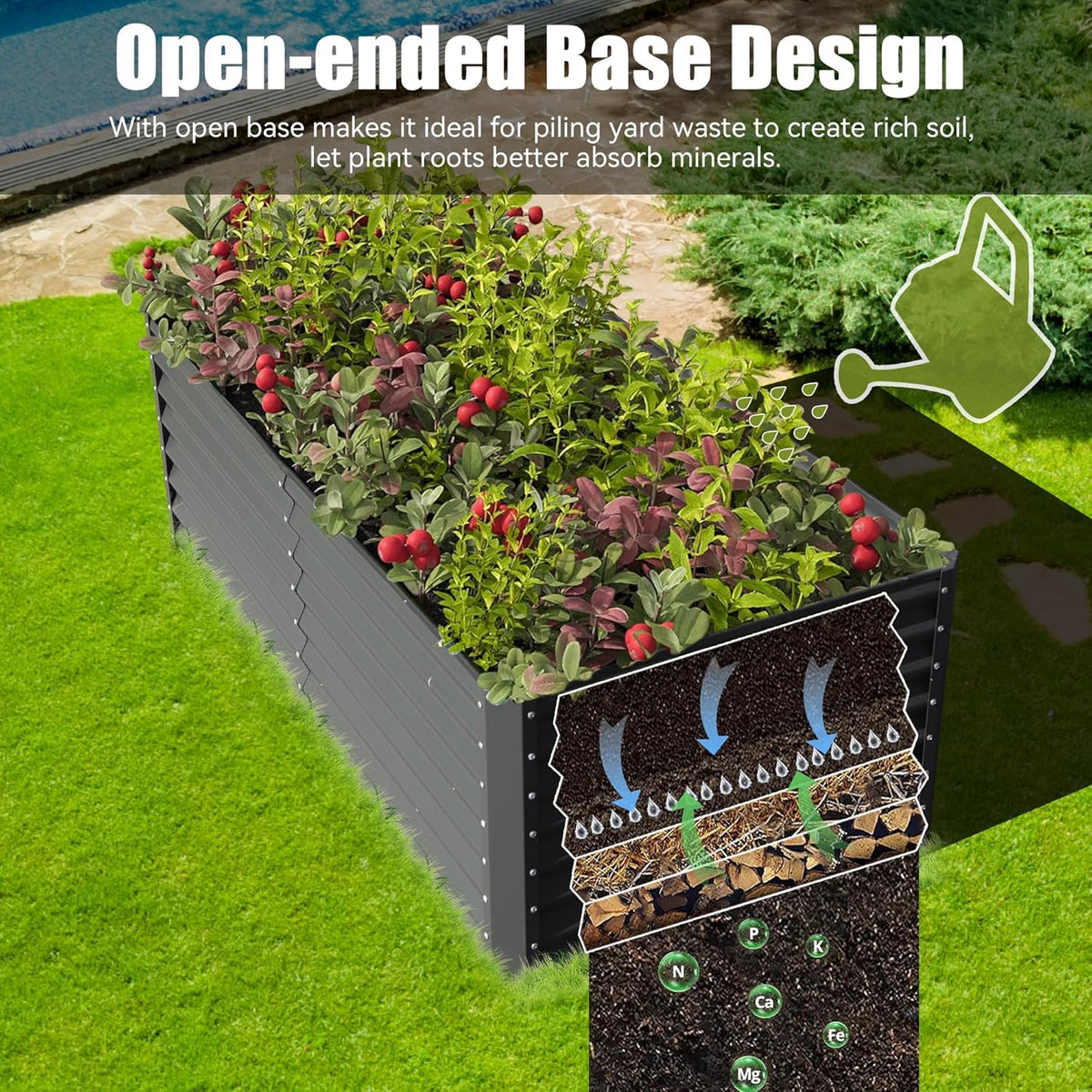 8×4×1.5 ft Galvanized Raised Garden Bed with Support Rods - Dark Gray