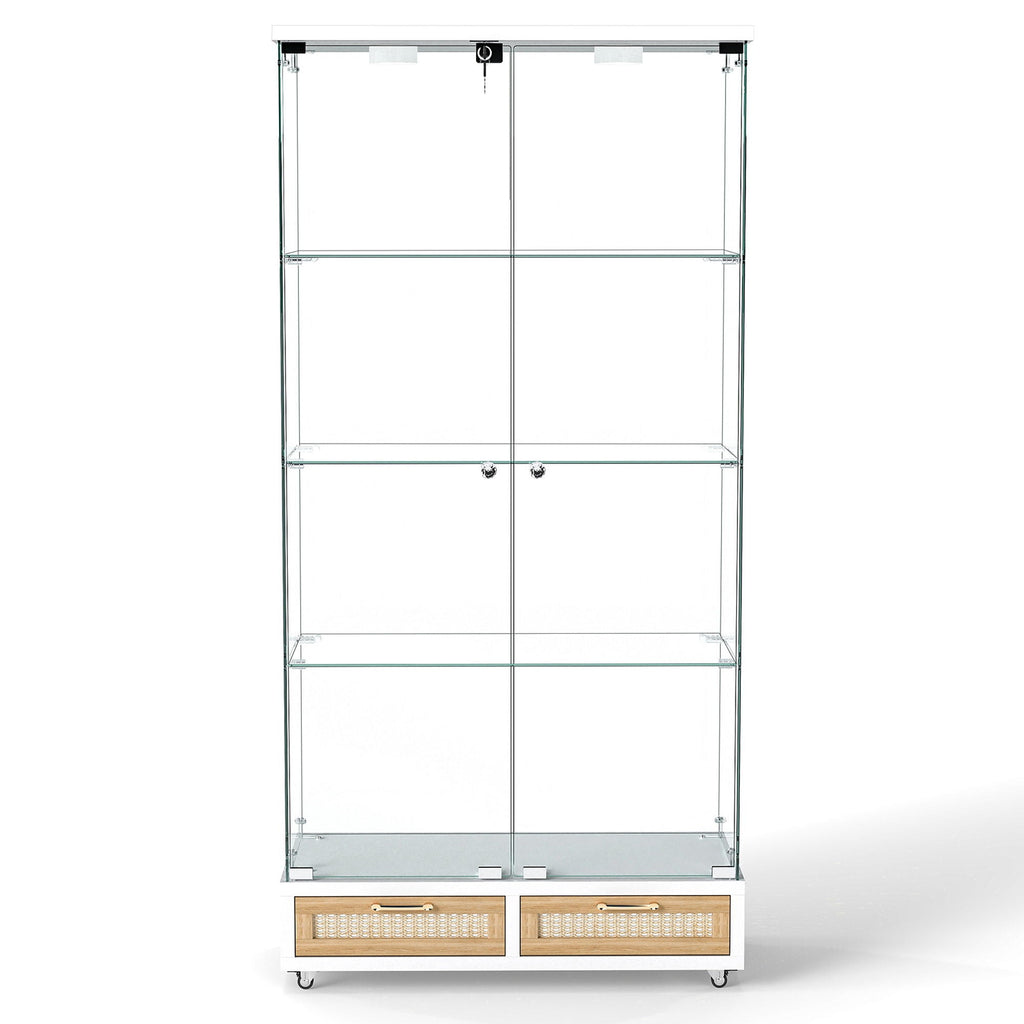 Glass Display Cabinet with LED Lights and Large Drawers - Natural / White