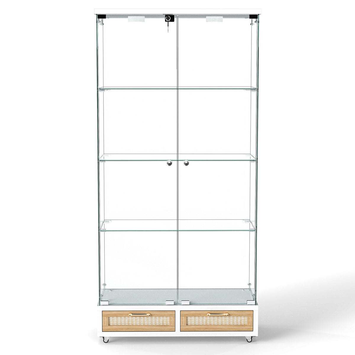 Glass Display Cabinet with LED Lights and Large Drawers - Natural / White