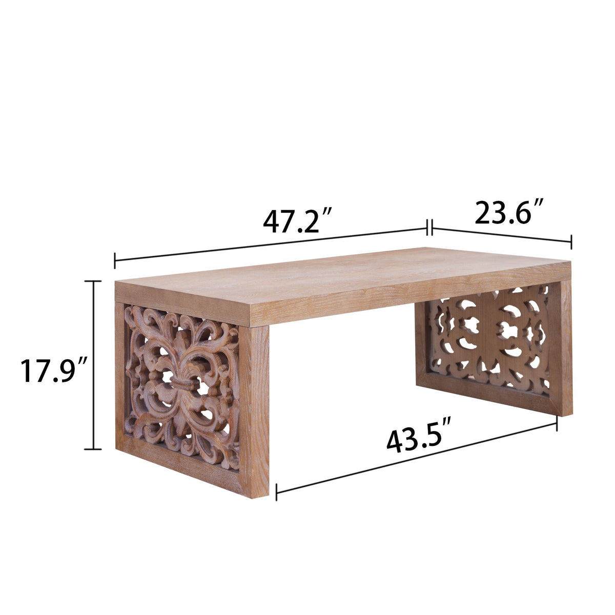 Rustic Carved Wood Coffee Table with Handcrafted Look - Light Brown or Black