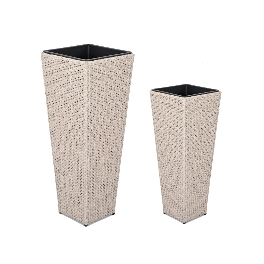 Beige PE Wicker Planters Set with Iron Frame, 2-Piece - Outdoor Flower Pots