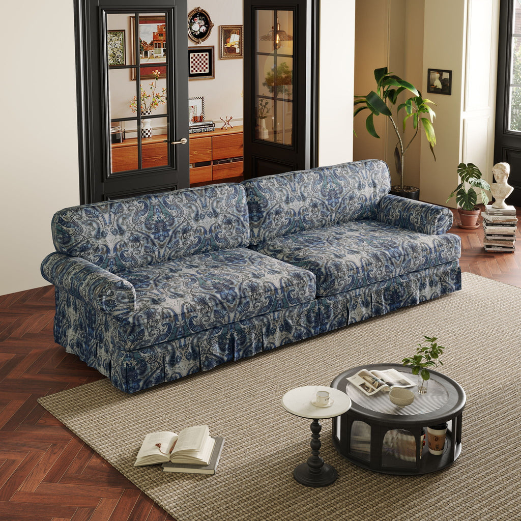 Cloud Couch Sofa with Rolled Arms and Pleated Skirt - Beige, Blue, or Light Brown