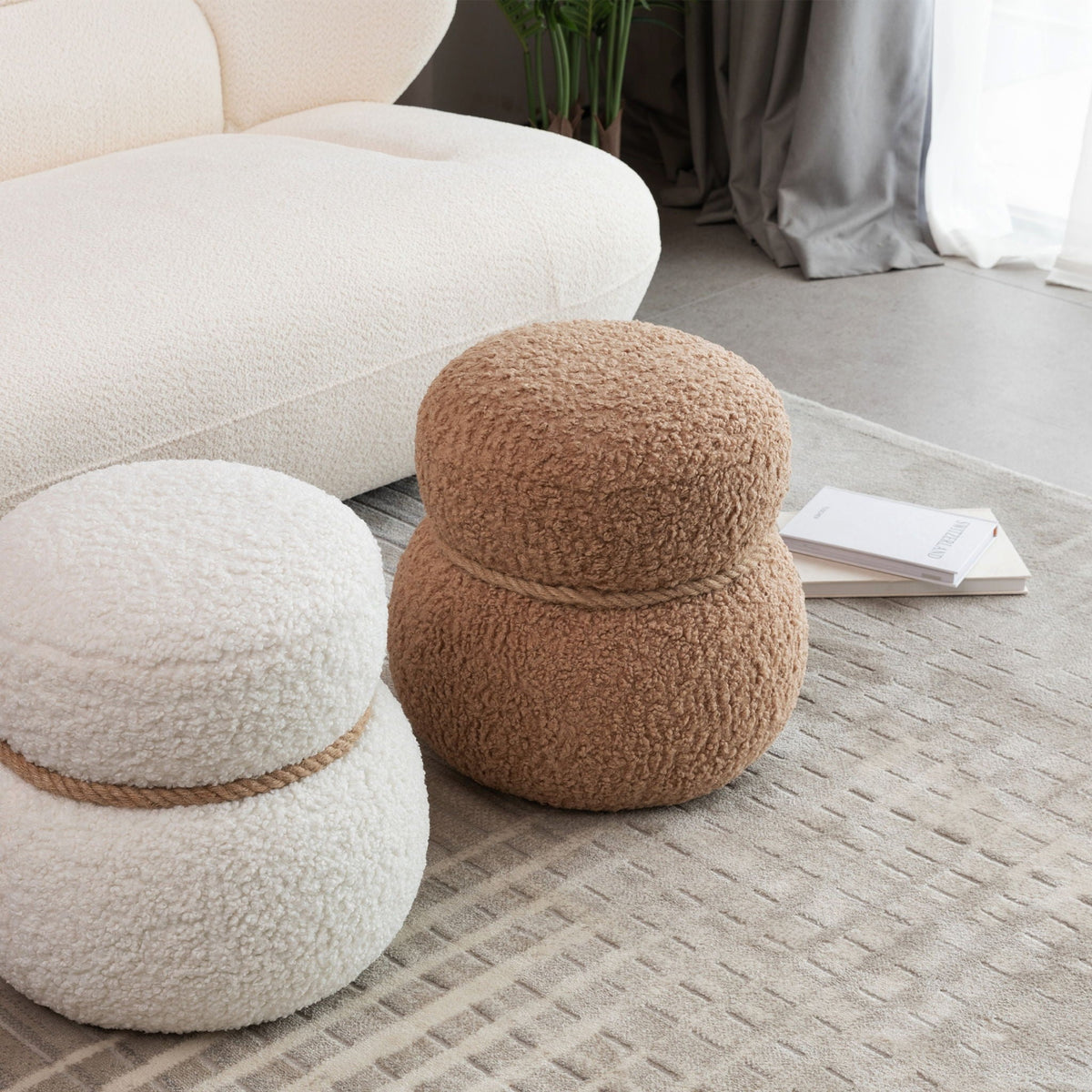 Snowman Stool Ottoman with Lamb Wool Cushion and Solid Wood Frame - White, Light Brown, Dark Green