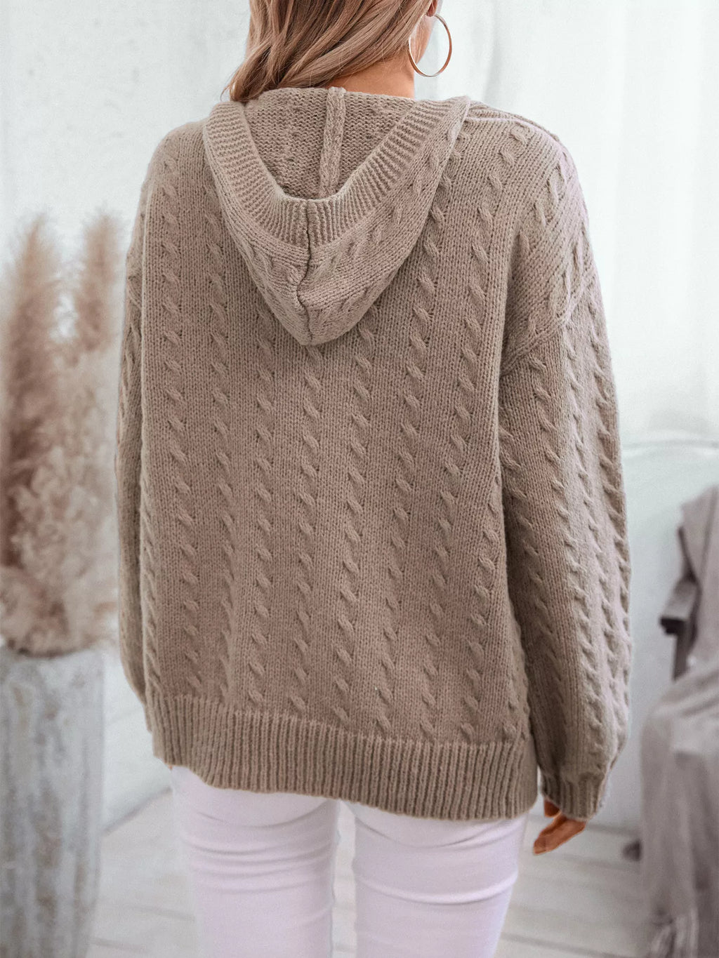 Cable Knit Open Front Hooded Cardigan