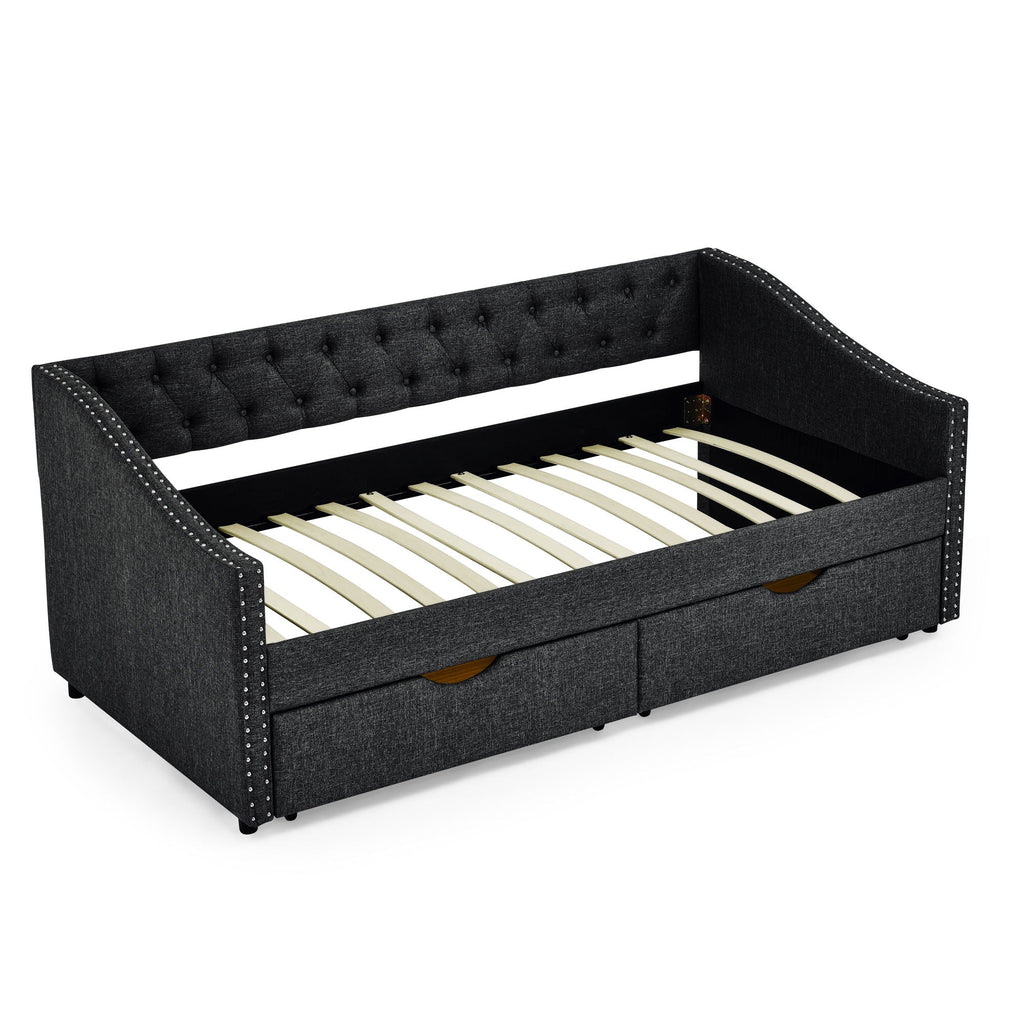 Upholstered Tufted Daybed with 2 Drawers and Waved Arms - Multiple Colors