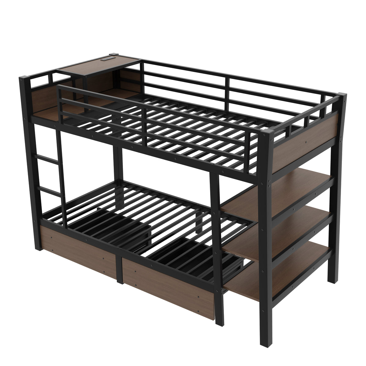 Twin Size Metal Bunk Bed with Storage Shelves and LED Light Strip - Black