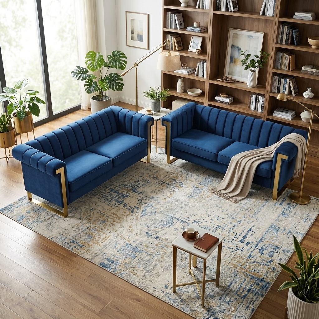 Vintage Blue Velvet 2 Piece Sofa Set with Channel Tufted Backrest - Blue