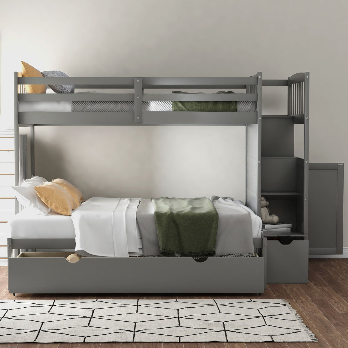 Convertible Twin Over Full Bunk Bed with Storage Shelves and Drawers - White or Dark Gray