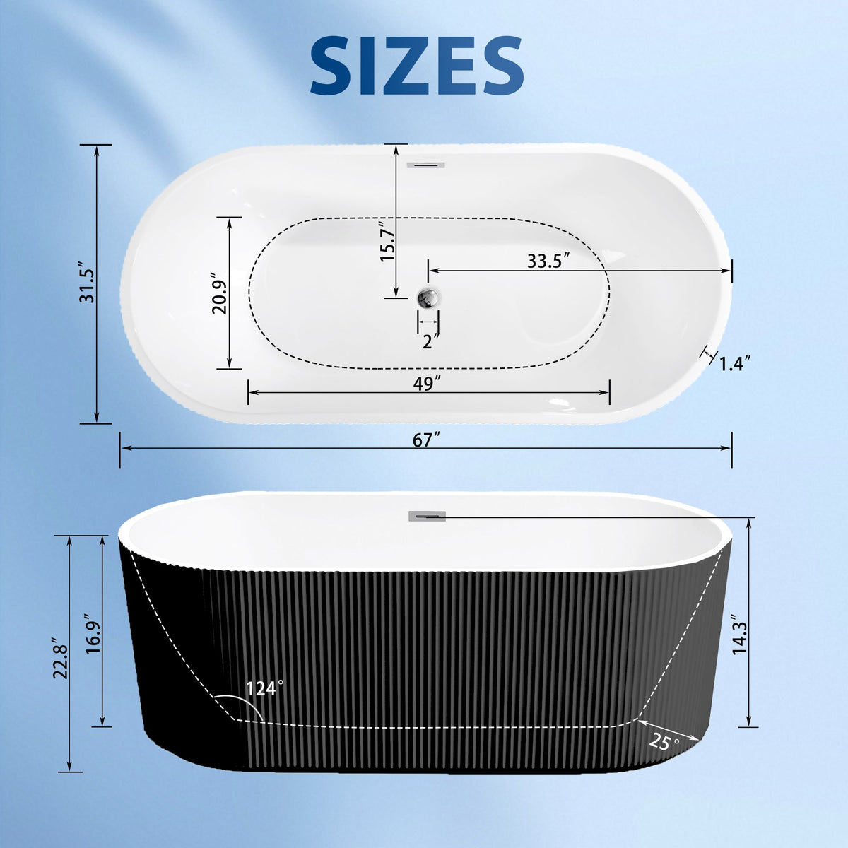 67" Linear Acrylic Freestanding Bathtub with Double-Wall Insulation - White