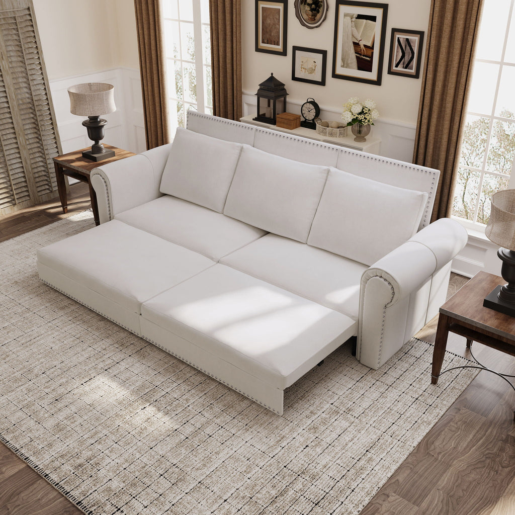 Beige 3-in-1 Convertible Sleeper Sofa Bed with Nailhead Trim – Fabric
