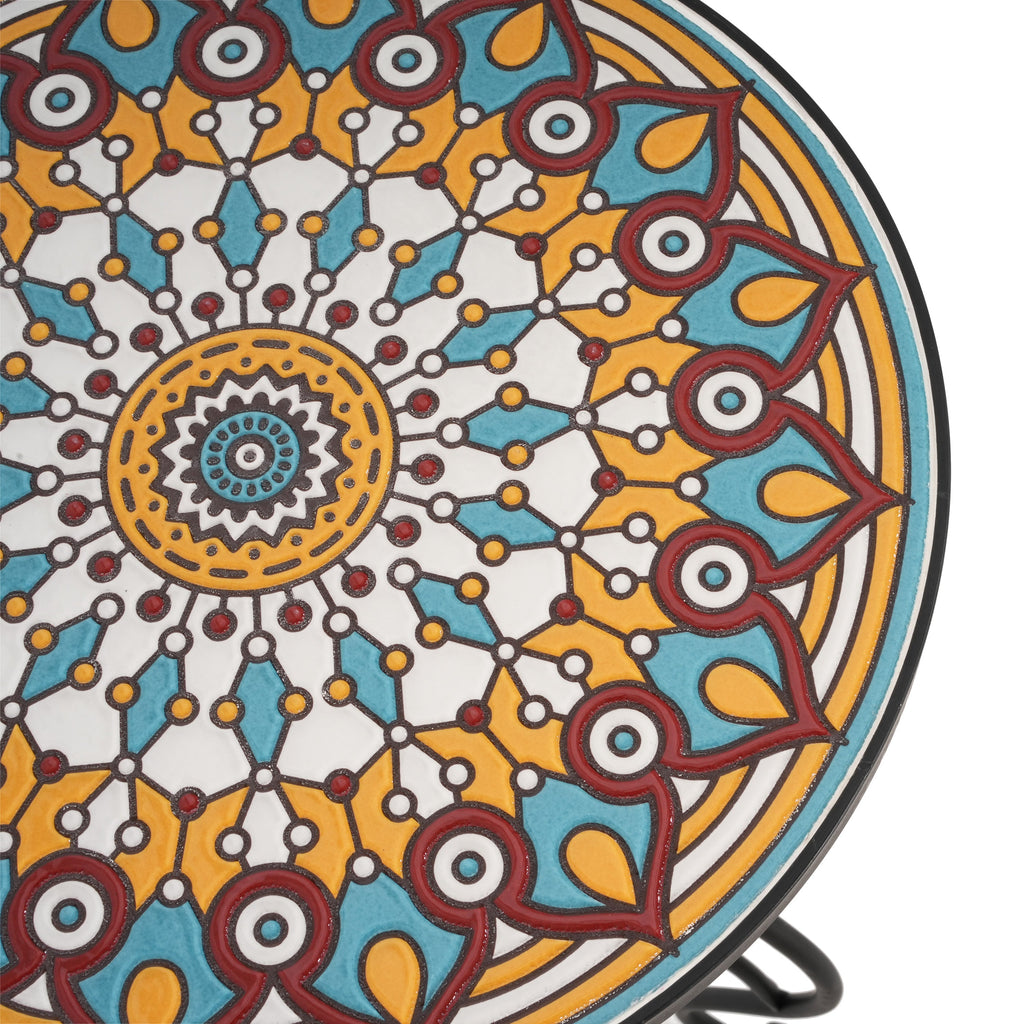 Round Ceramic Outdoor Side Table with Colorful Tile Top - Black