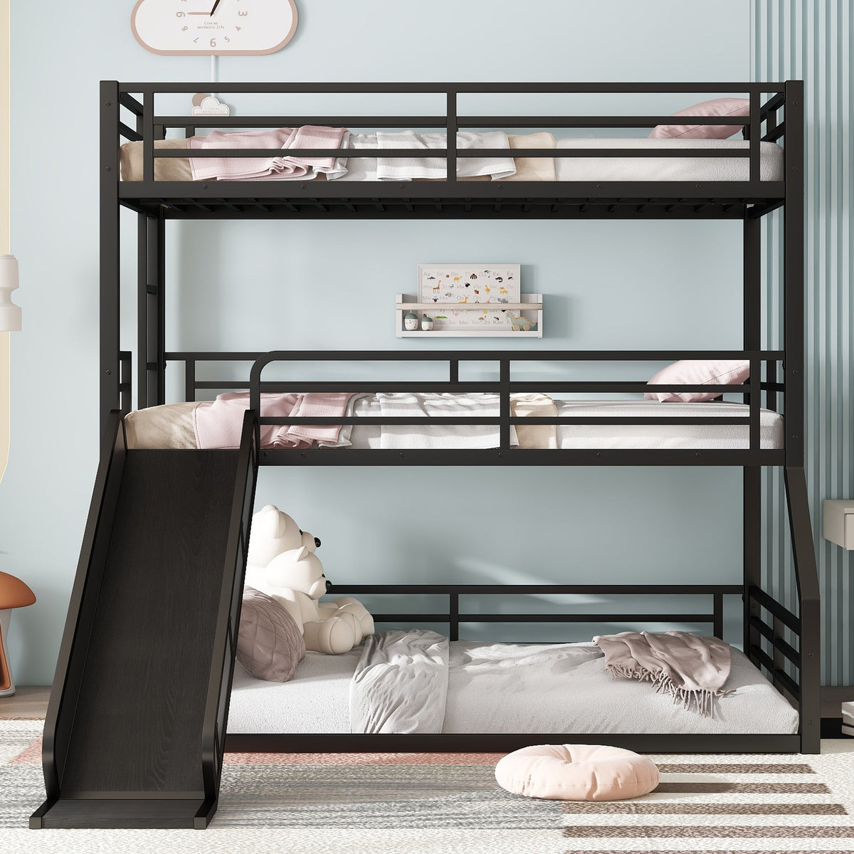 Twin Over Twin Over Full Bunk Bed with Slide - Metal Frame