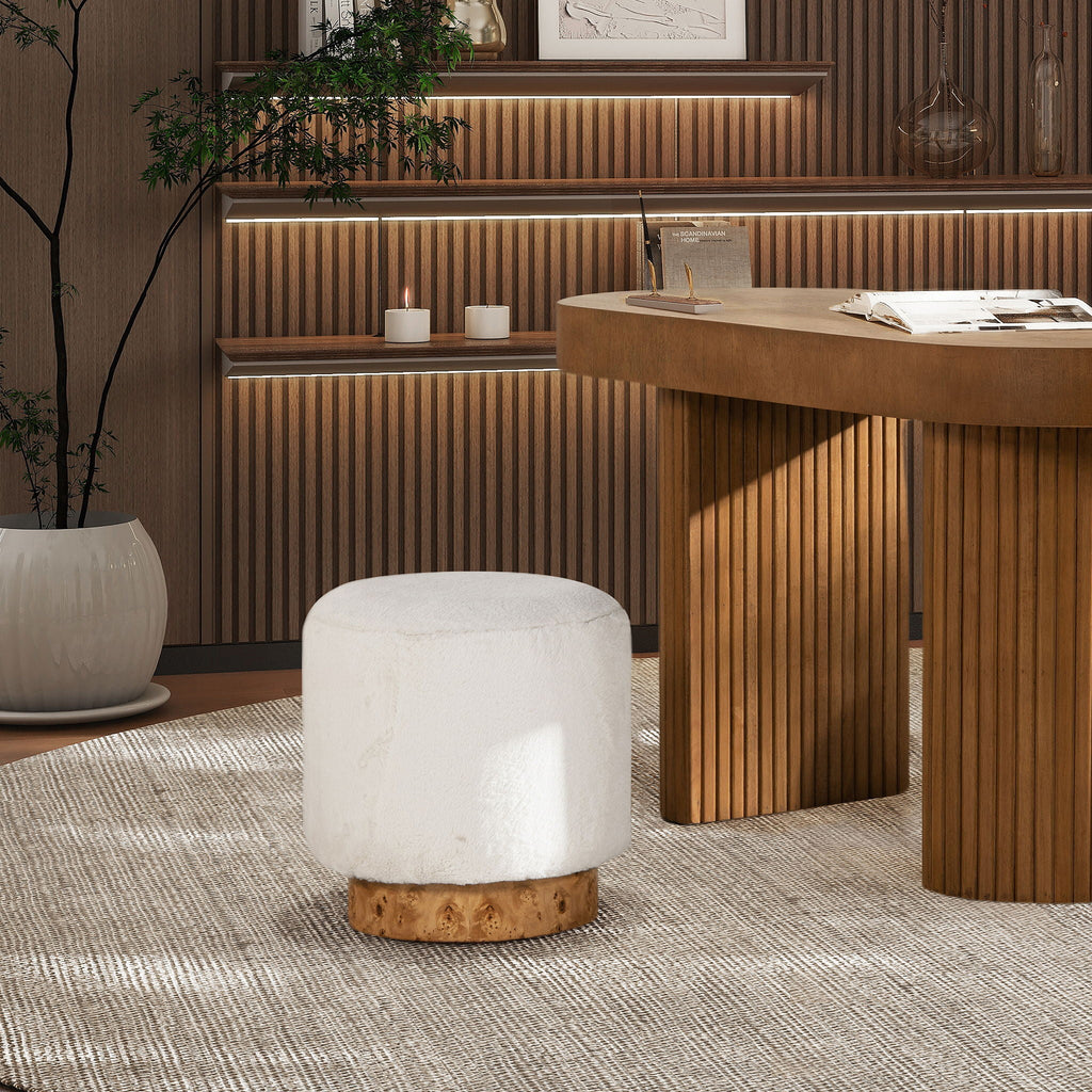Round Fur Upholstered Pouf Ottoman with Burl Base - White