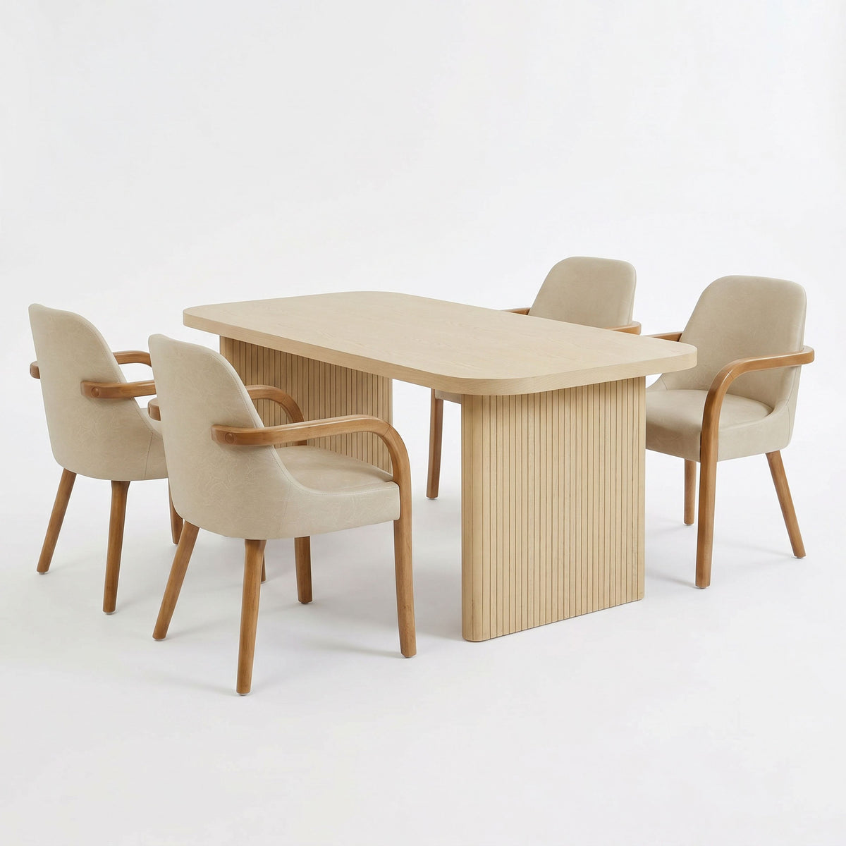 5 Piece Indoor Dining Set with Fluted Rubber Wood Table - Khaki PU Chairs