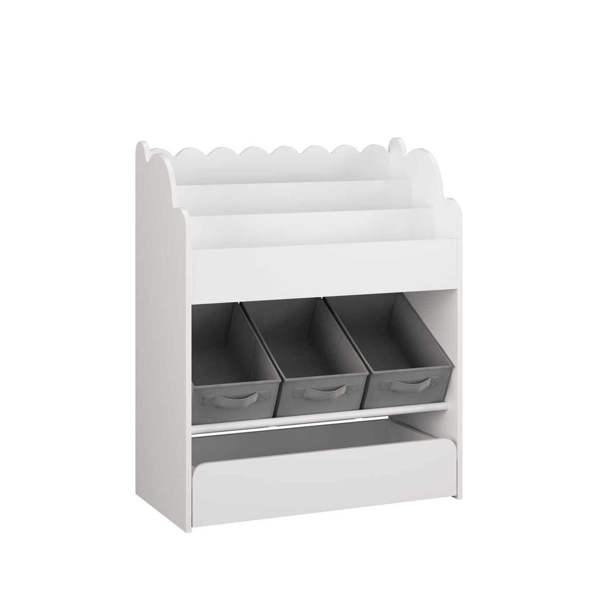 Bookshelf With Storage Bins and Drawer – Multi Functional Book Organizer for Toddlers - White