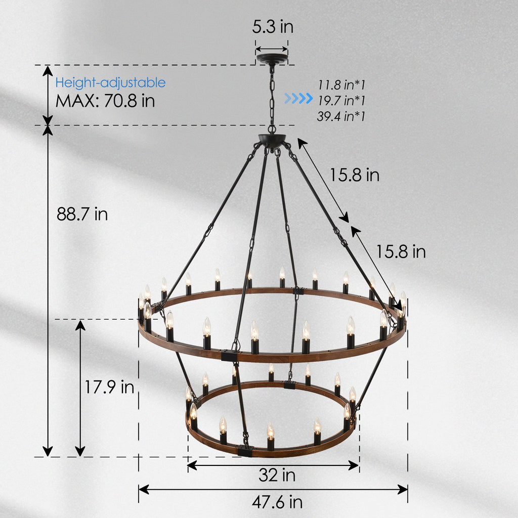 Large Solid Wood Wagon Wheel Chandelier with 2-Tier 32 Lights