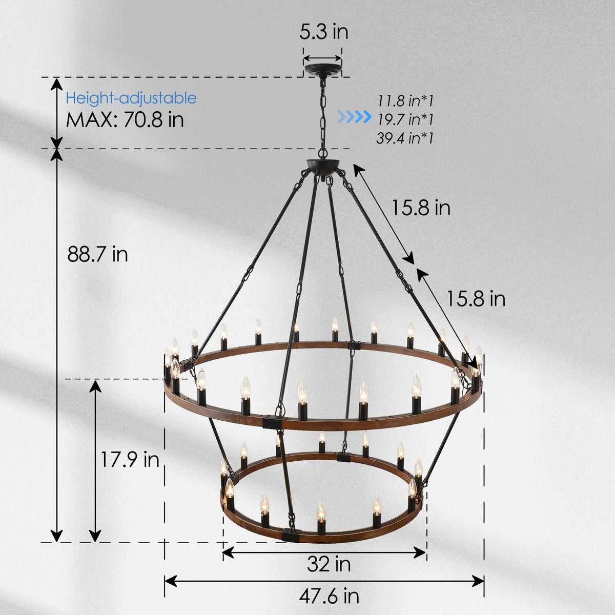 Large Solid Wood Wagon Wheel Chandelier with 2-Tier 32 Lights