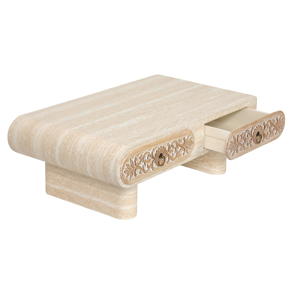 Rounded Edge Coffee Table with Solid Wood Drawer - Flower Pattern