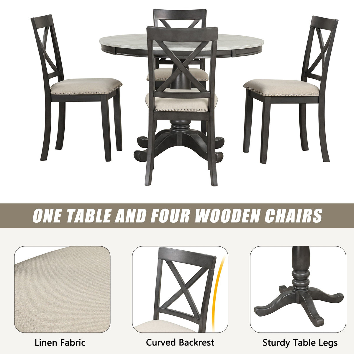 Solid Wood 5 Piece Dining Room Set with Table and 4 Chairs - White or Dark Gray