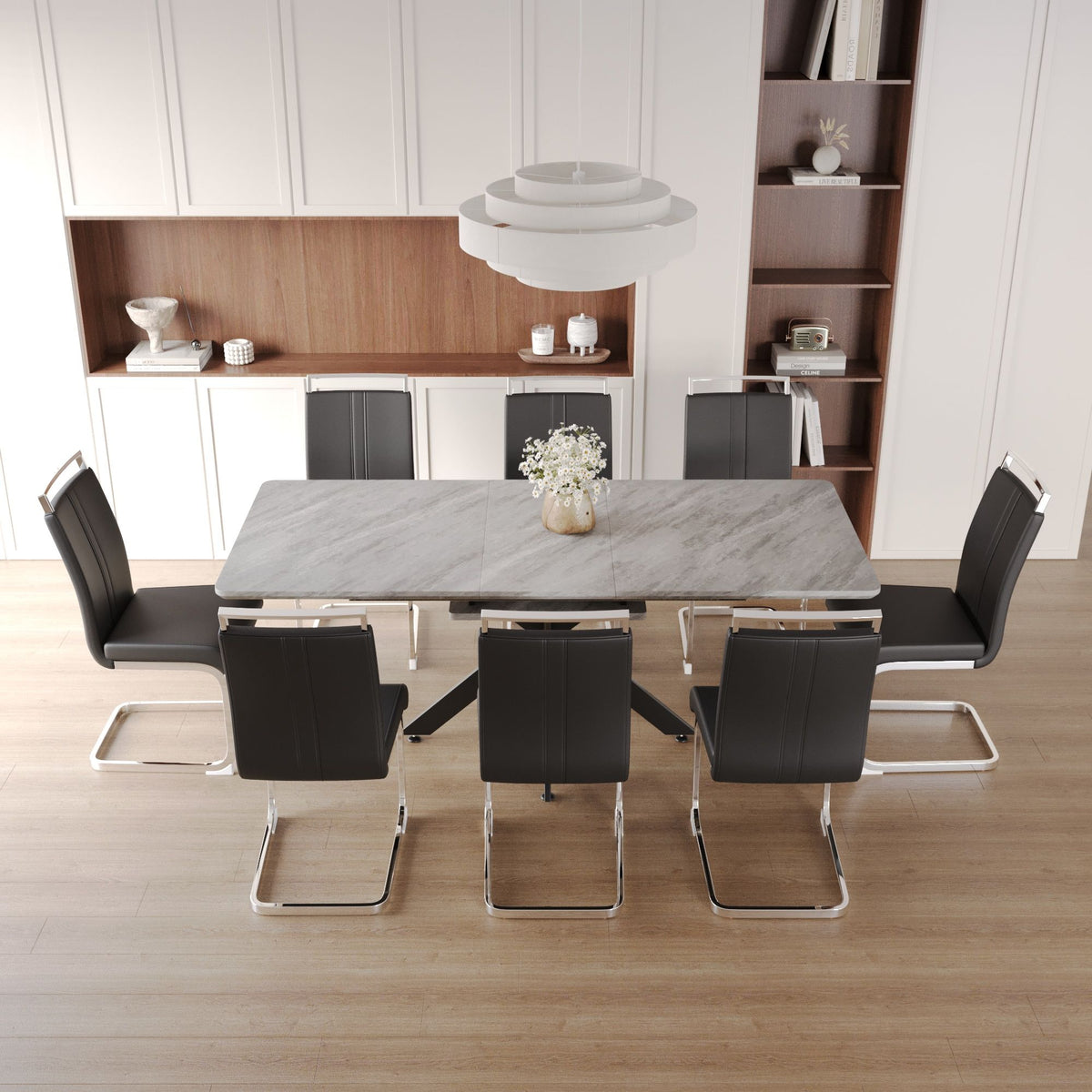 Modern Extendable Dining Table Set with Soft Padded Armless Chairs - White, Gray, or Dark Gray