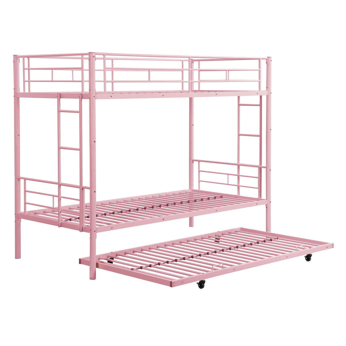 Twin Over Twin Bunk Bed with Trundle - Sturdy Metal Frame - Pearl Silver, White, or Pink