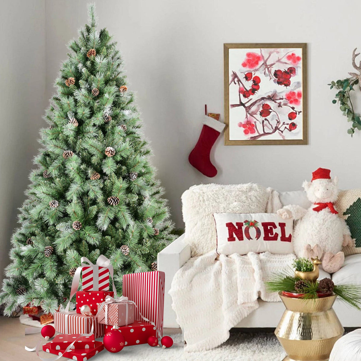 7FT Christmas Tree with 82 Pine Cones - Realistic PVC Holiday Tree