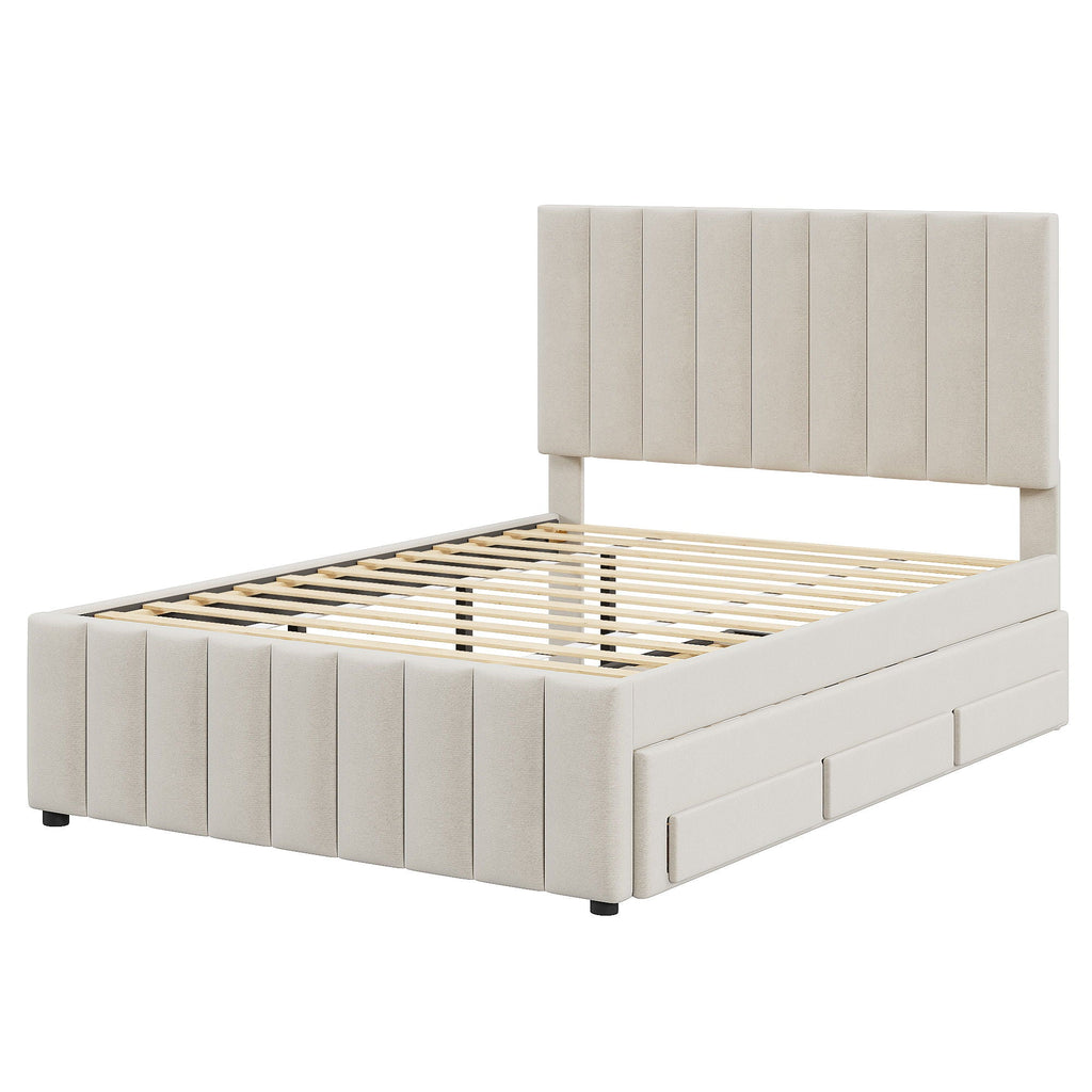 Upholstered Platform Bed with Twin Size Trundle and 3 Drawers - Beige, Full