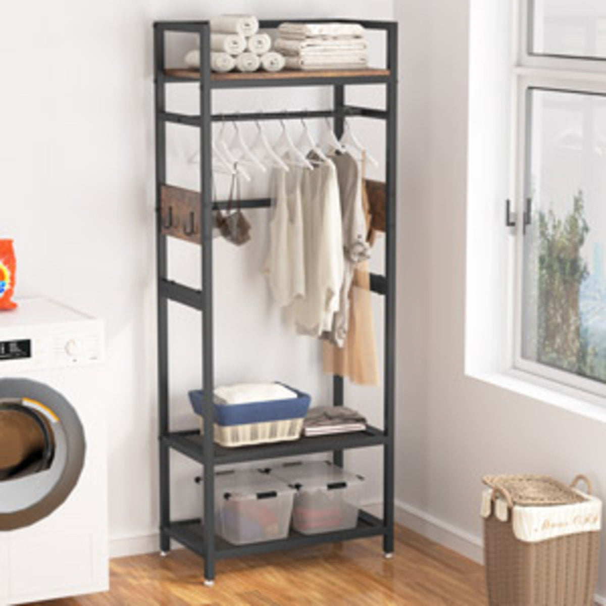 Heavy Duty Freestanding Closet Organizer with Hanging Rod - Brown & Black