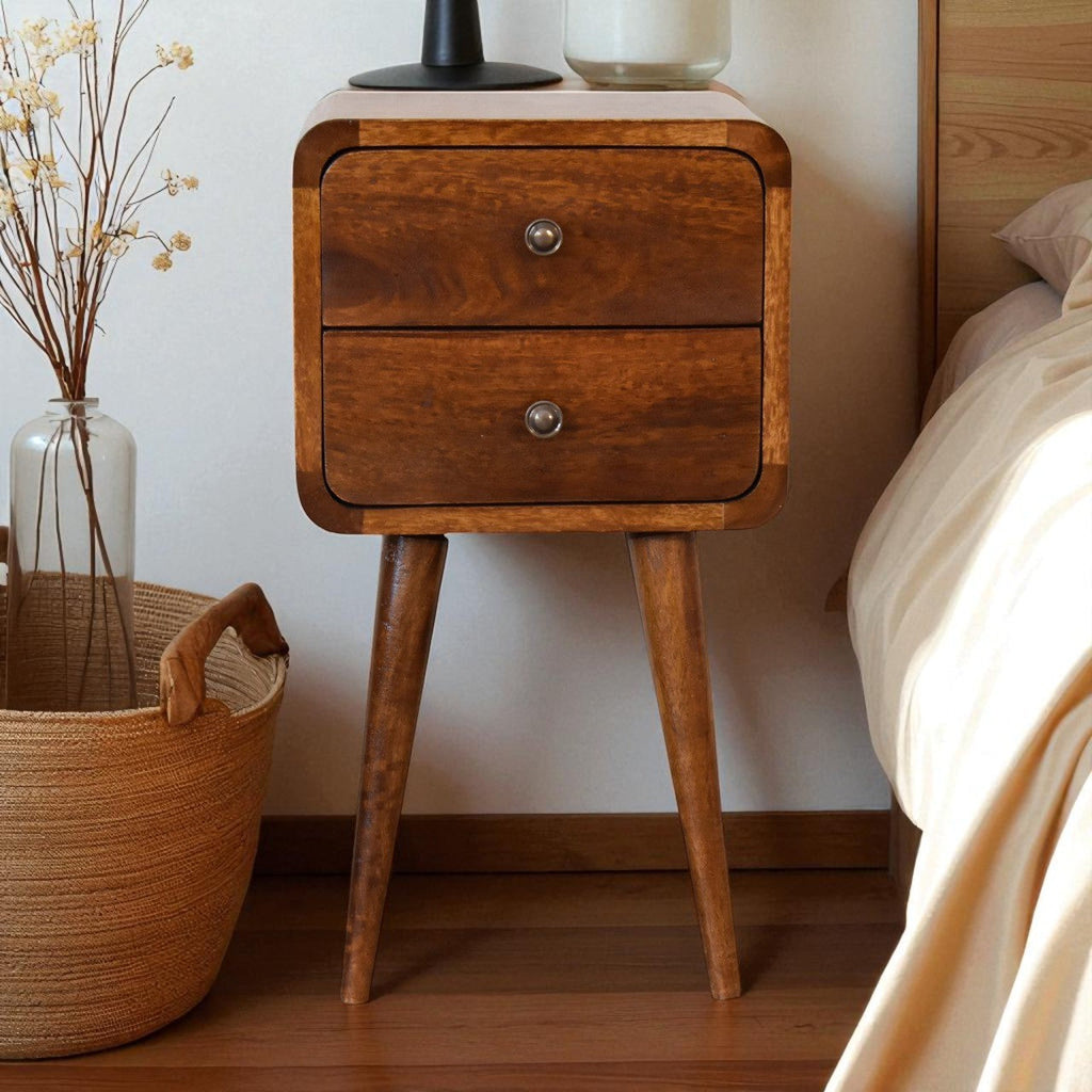 Soli Wood Mini Curved Nightstand with 2 Drawers - Chestnut