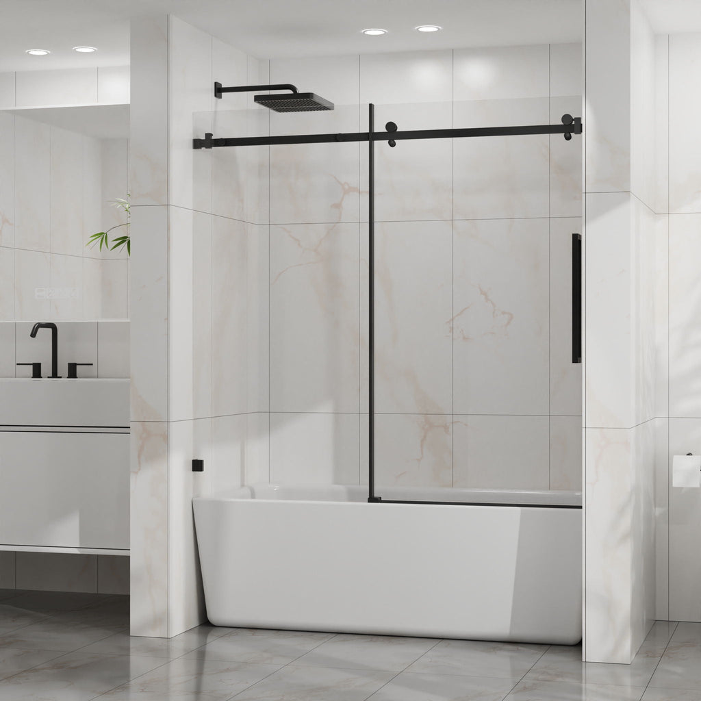 Frameless Tub Sliding Shower Door with Easy Clean Coating - Black or Pearl Silver