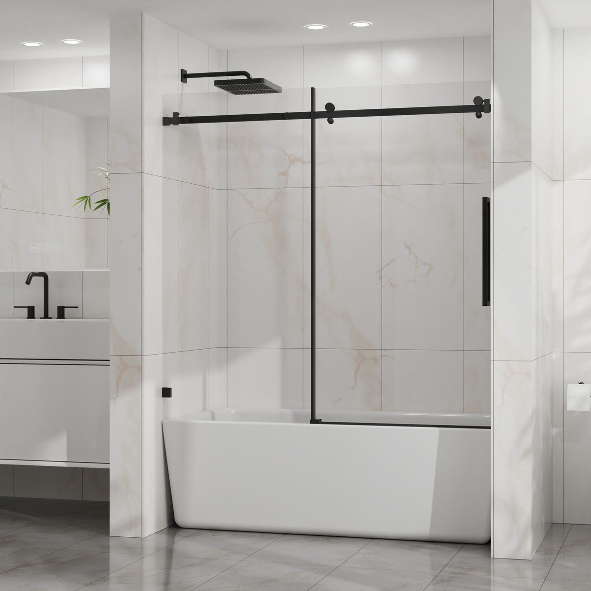Frameless Tub Sliding Shower Door with Easy Clean Coating - Black or Pearl Silver