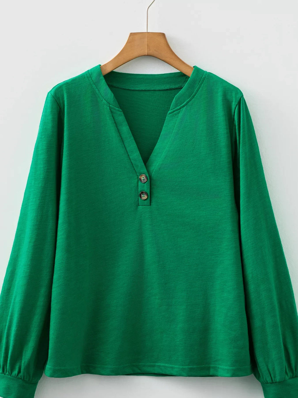 Solid Color Button V Neck Long Sleeve Top