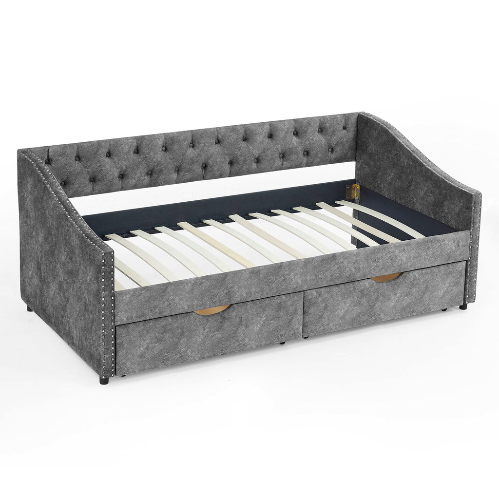 Upholstered Tufted Daybed with 2 Drawers and Waved Arms - Multiple Colors