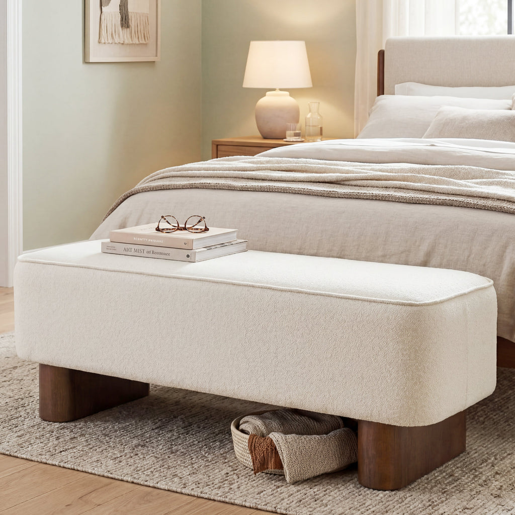 Modern Upholstered Ottoman Bench with Thick Padding - Warm Beige