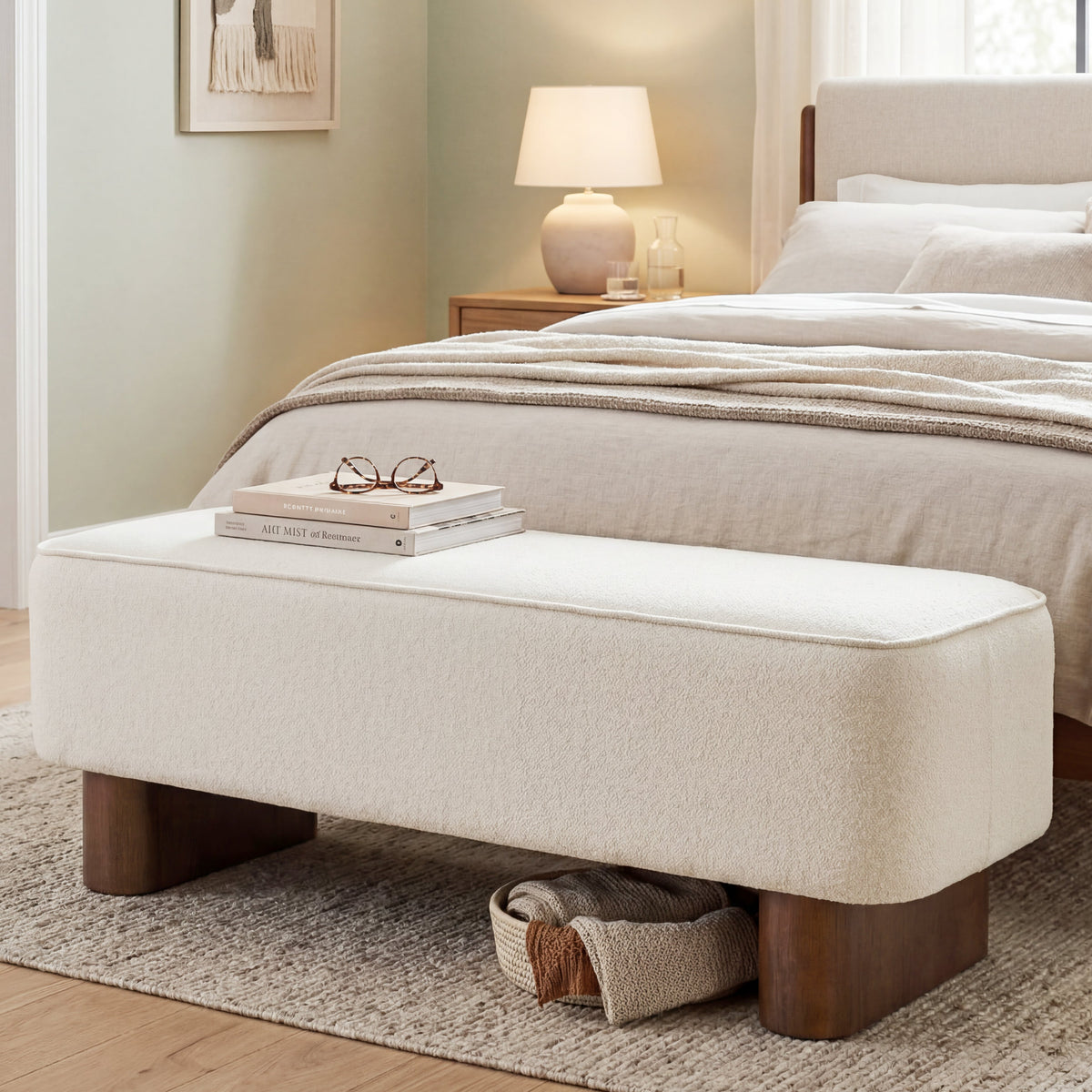 Modern Upholstered Ottoman Bench with Thick Padding - Warm Beige
