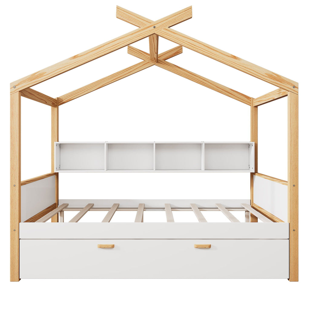 House Bed With Bookshelf Storage and Integrated Shelves - White