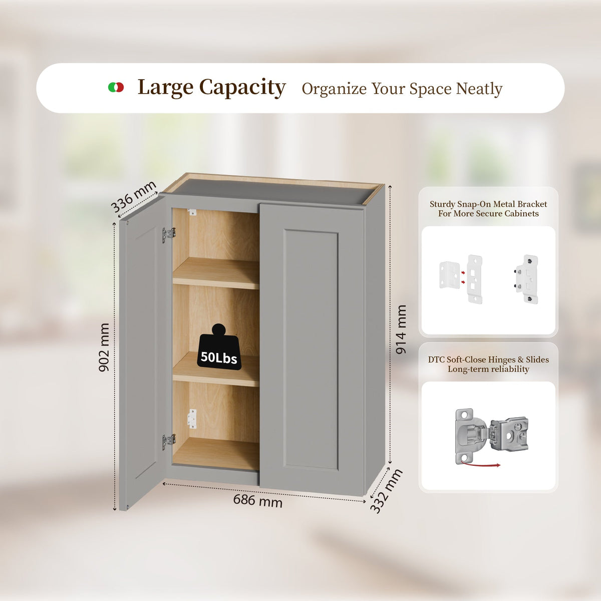 Gray Shaker Solid Wood Wall Cabinet with Soft-Close Doors - Gray