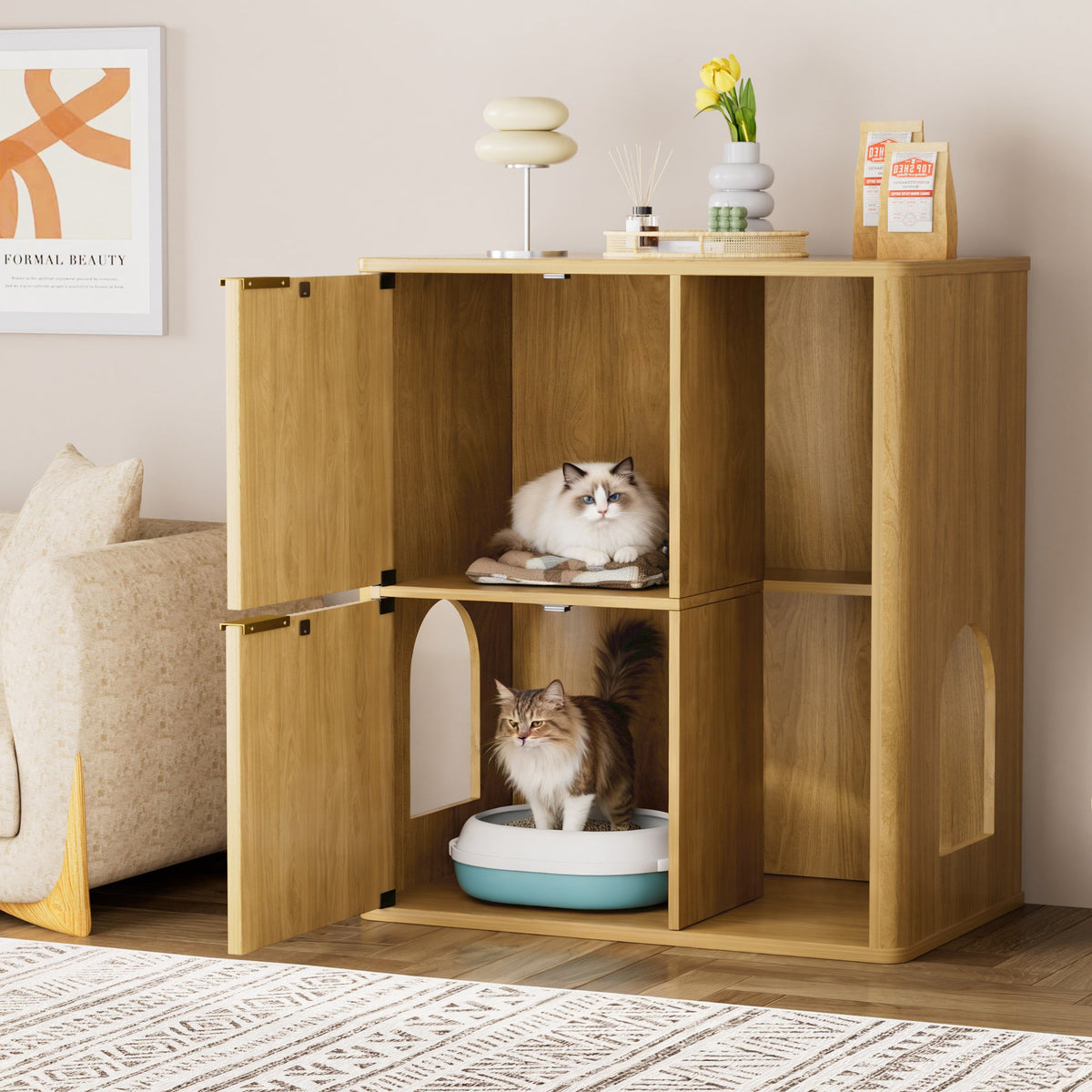 Light Wood Cat Litter Cabinet with Cat Tree