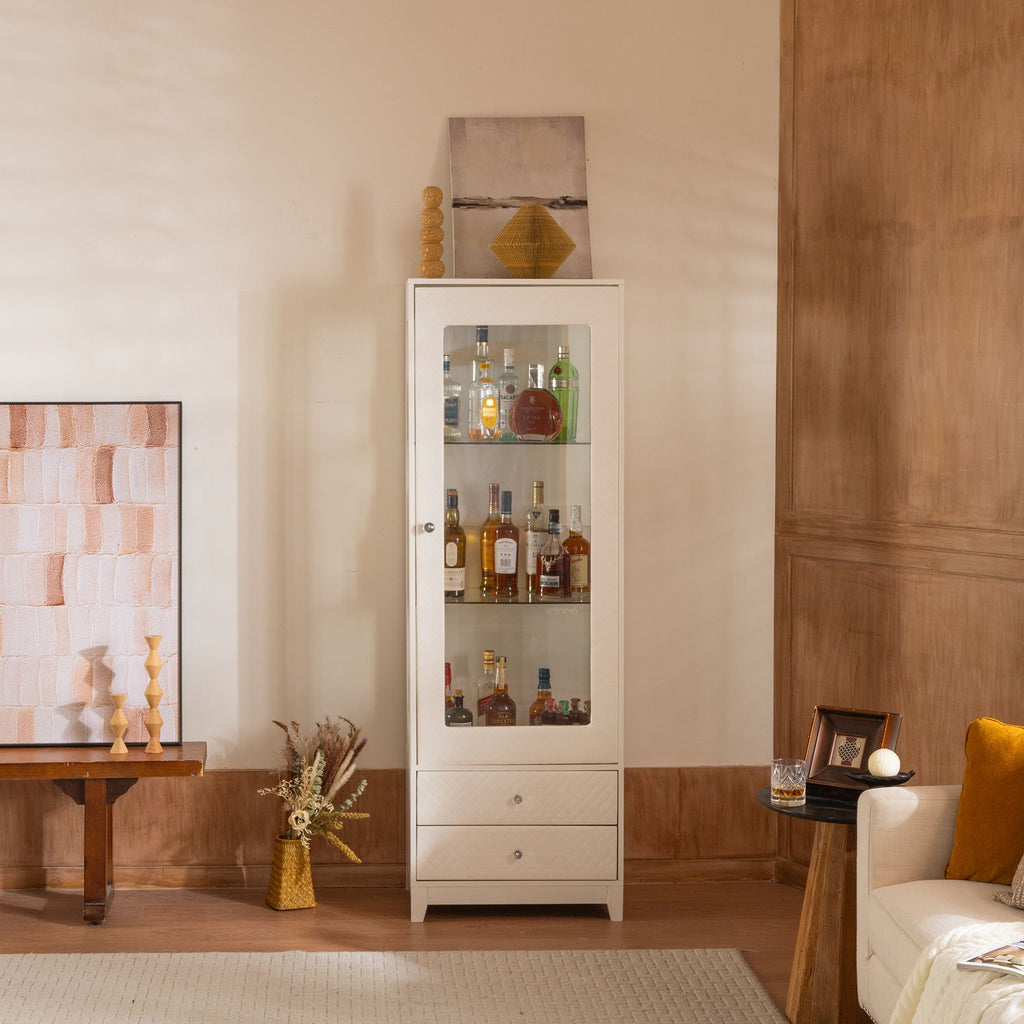 Modern Upholstered Glass Display Cabinet with Adjustable LED Light - White