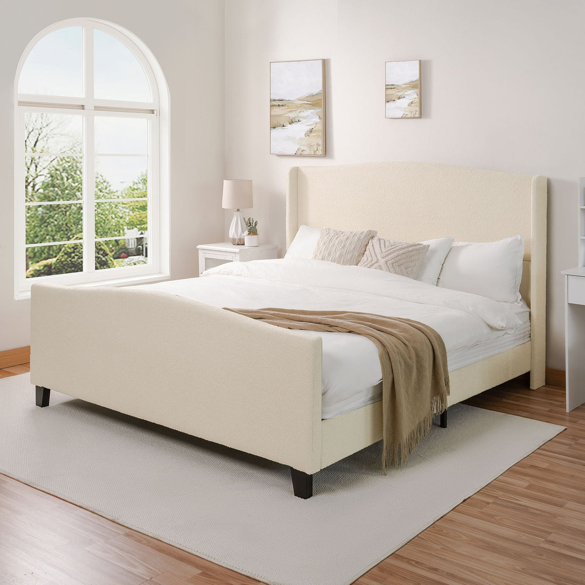 Platform Bed Frame with Tall Headboard and High Footboard - White or Gray