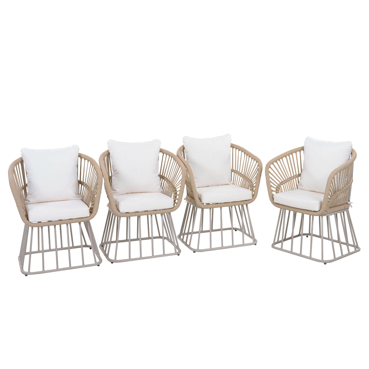 Teak Finish Wicker Outdoor Dining Chair with Steel Frame - Beige