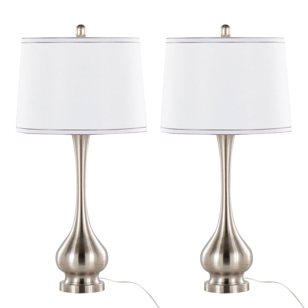 Contemporary Table Lamp Set with Linen Shade and Silver Trim - Nickel / White
