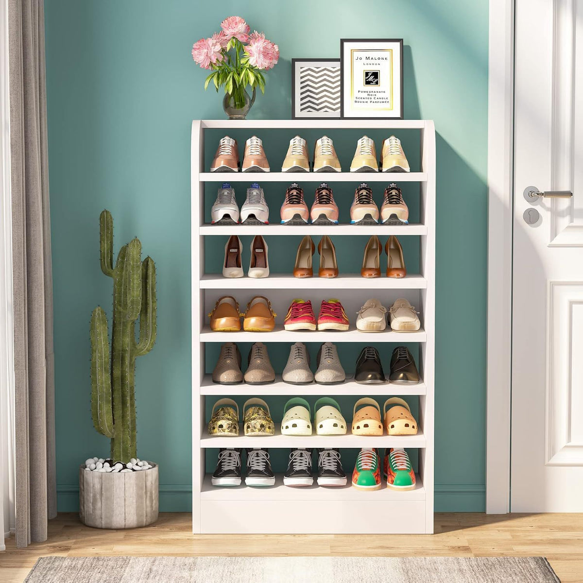 8 Tier Tall Shoe Rack with Ventilated Design - White