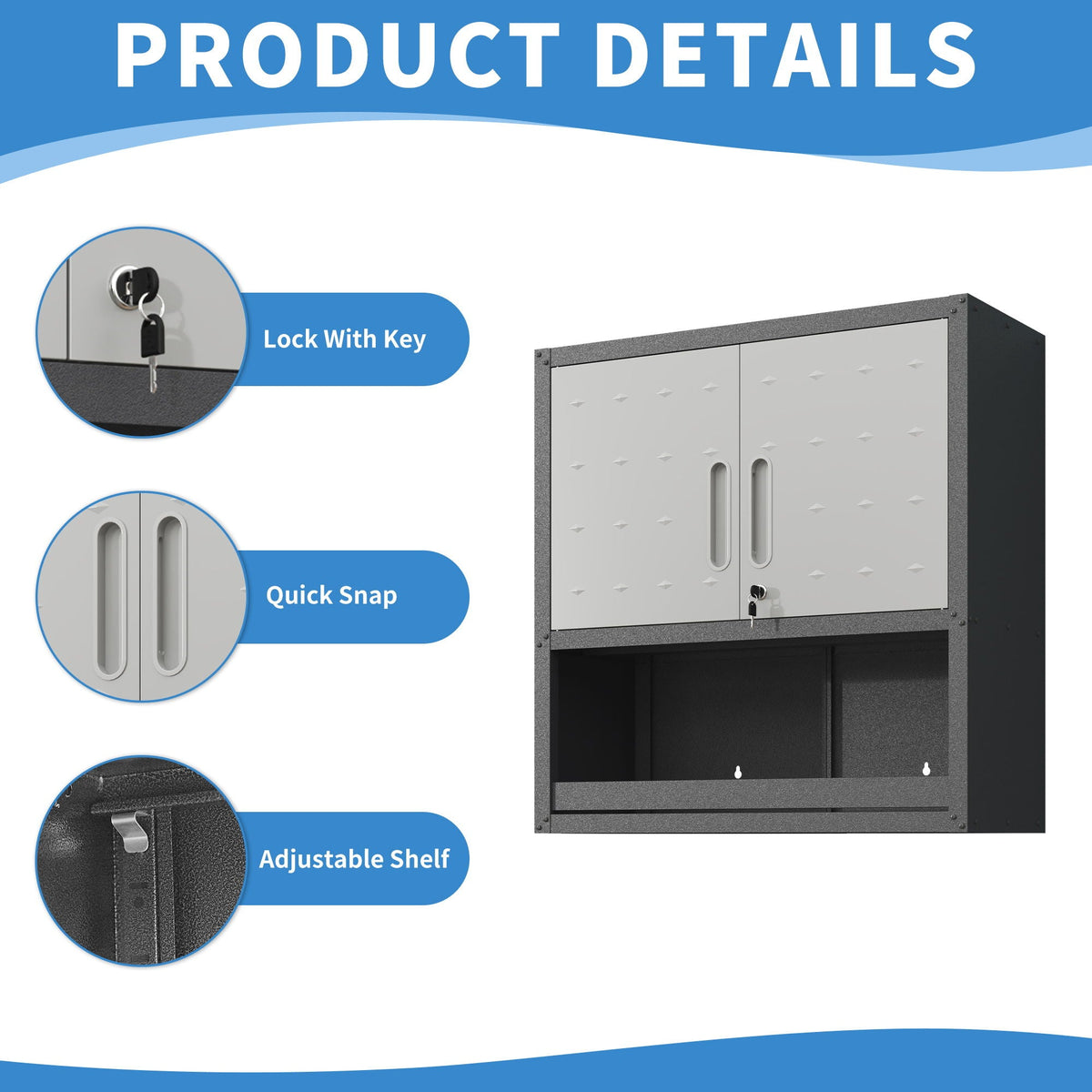 Metal Wall Mounted Tool Storage Cabinet with Locking Door - Gray