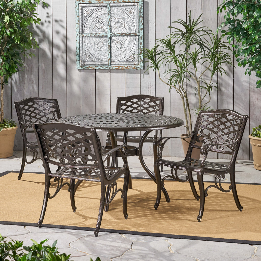 Bronze Cast Aluminum 5 Piece Patio Dining Set with Umbrella Hole