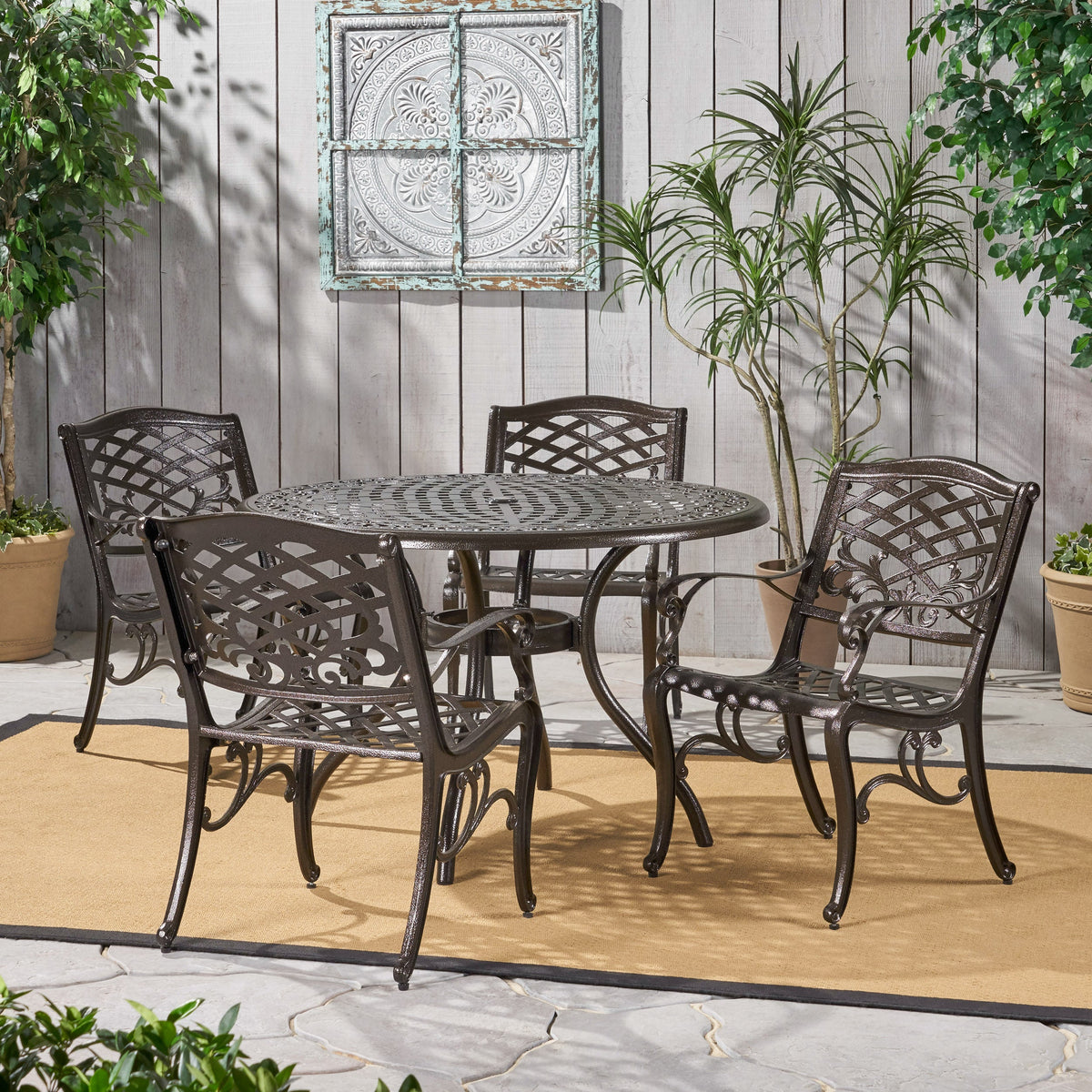 Bronze Cast Aluminum 5 Piece Patio Dining Set with Umbrella Hole