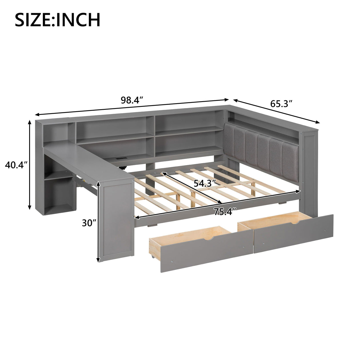 Platform Storage Bed with Shelves, Desk, Charging Station & LED - Full Size