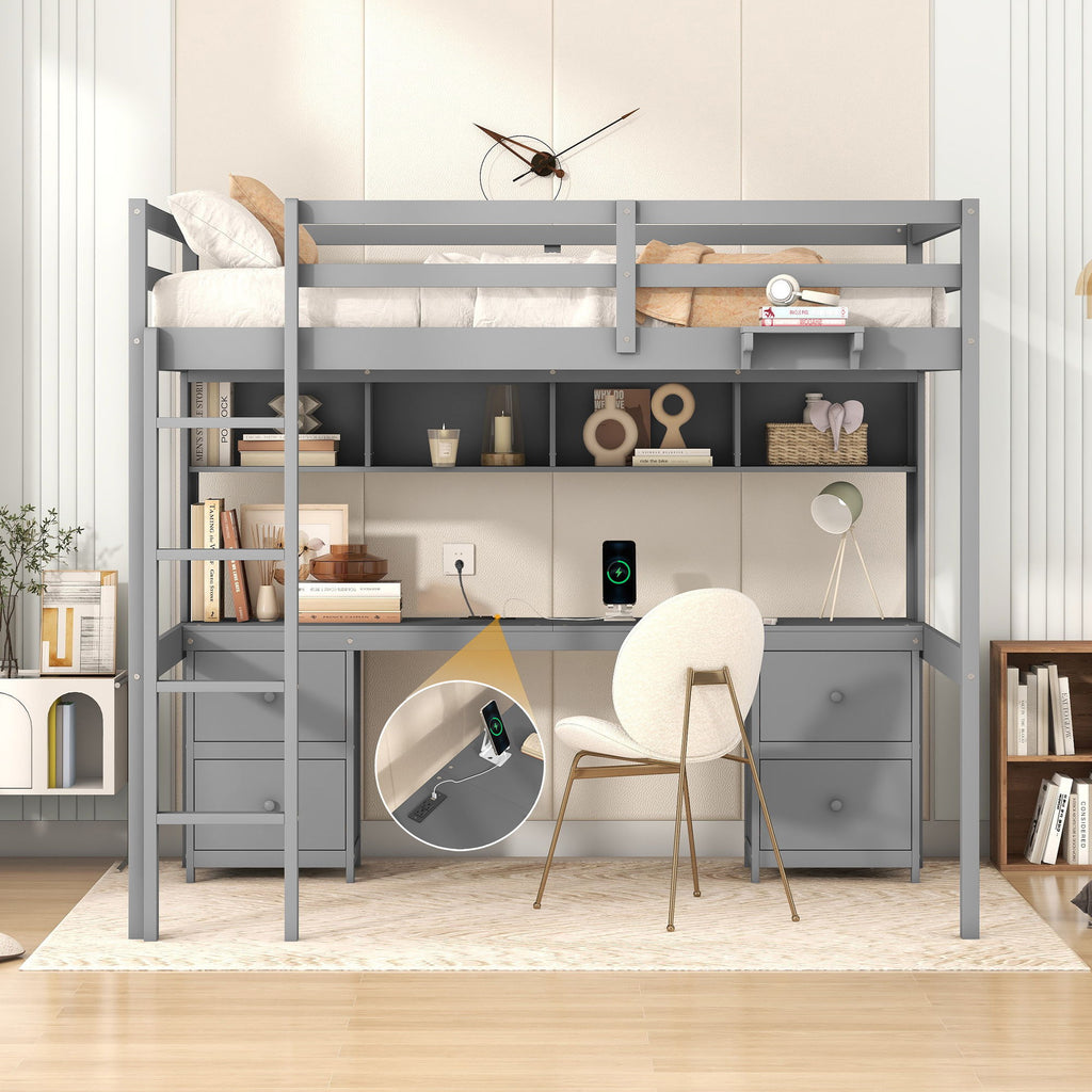 Loft Bed with Desk, Cabinets, Drawers and Charging Station - Full Size