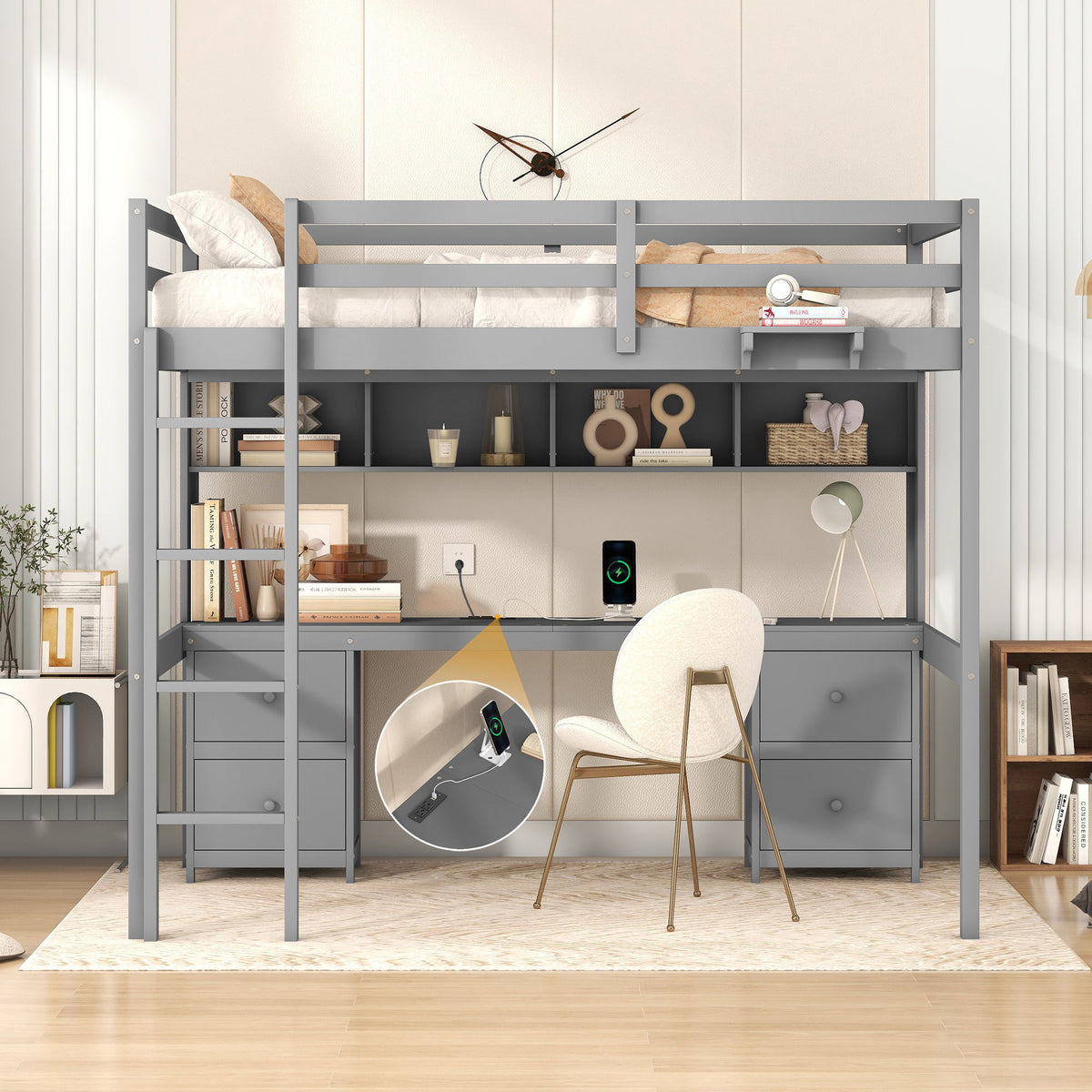 Loft Bed with Desk, Cabinets, Drawers and Charging Station - Full Size