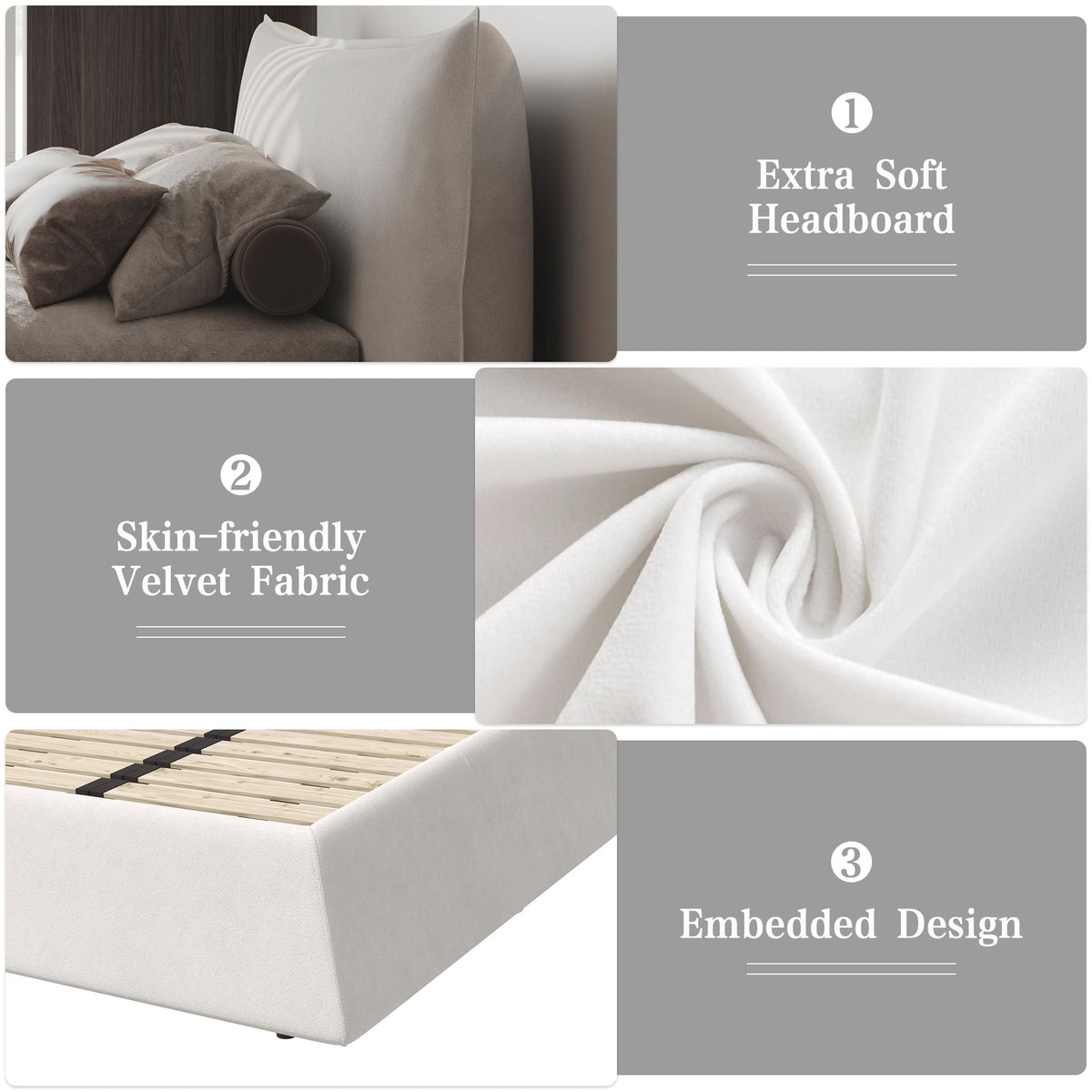 Upholstered Platform Bed with Special Shaped Headboard - Black or Beige